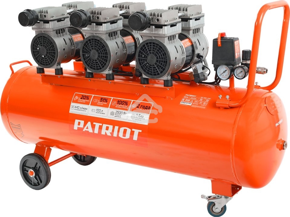 Компрессор Patriot поршневой безмасляный WO 100-440, 440 л/мин, 8 бар, 2500 Вт, 100 л, быстросъем и 