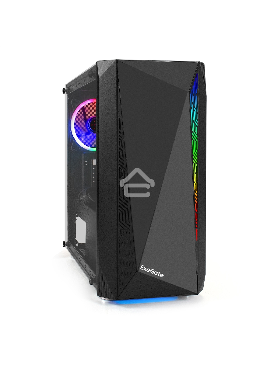 Компьютерный корпус Minitower ExeGate Mistery R2-NPX450 (mATX, БП 450NPX с вент. 12 см, 2*USB+1*USB3.0, аудио, черный, 1 вент. 12см с RGB подсветкой и полоса на передней панели, боковая панель - закаленное стекло)