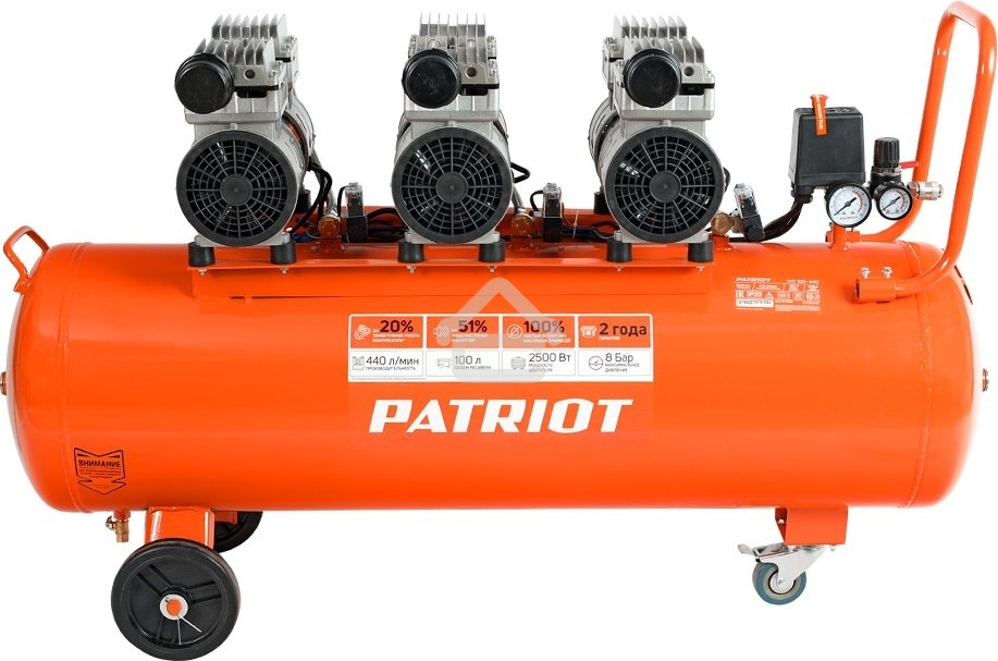 Компрессор Patriot поршневой безмасляный WO 100-440, 440 л/мин, 8 бар, 2500 Вт, 100 л, быстросъем и 