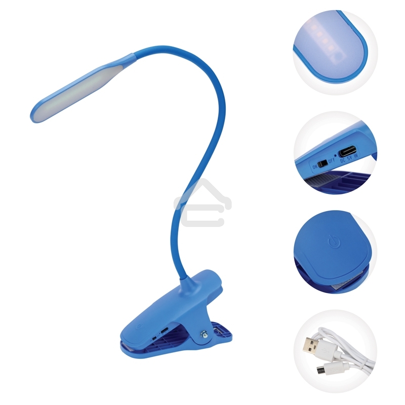 Светильник настольный Rexant Click 4Вт, LED, 4000К, диммируемый 3 ступени, заряжаемый, на прищепке, синий