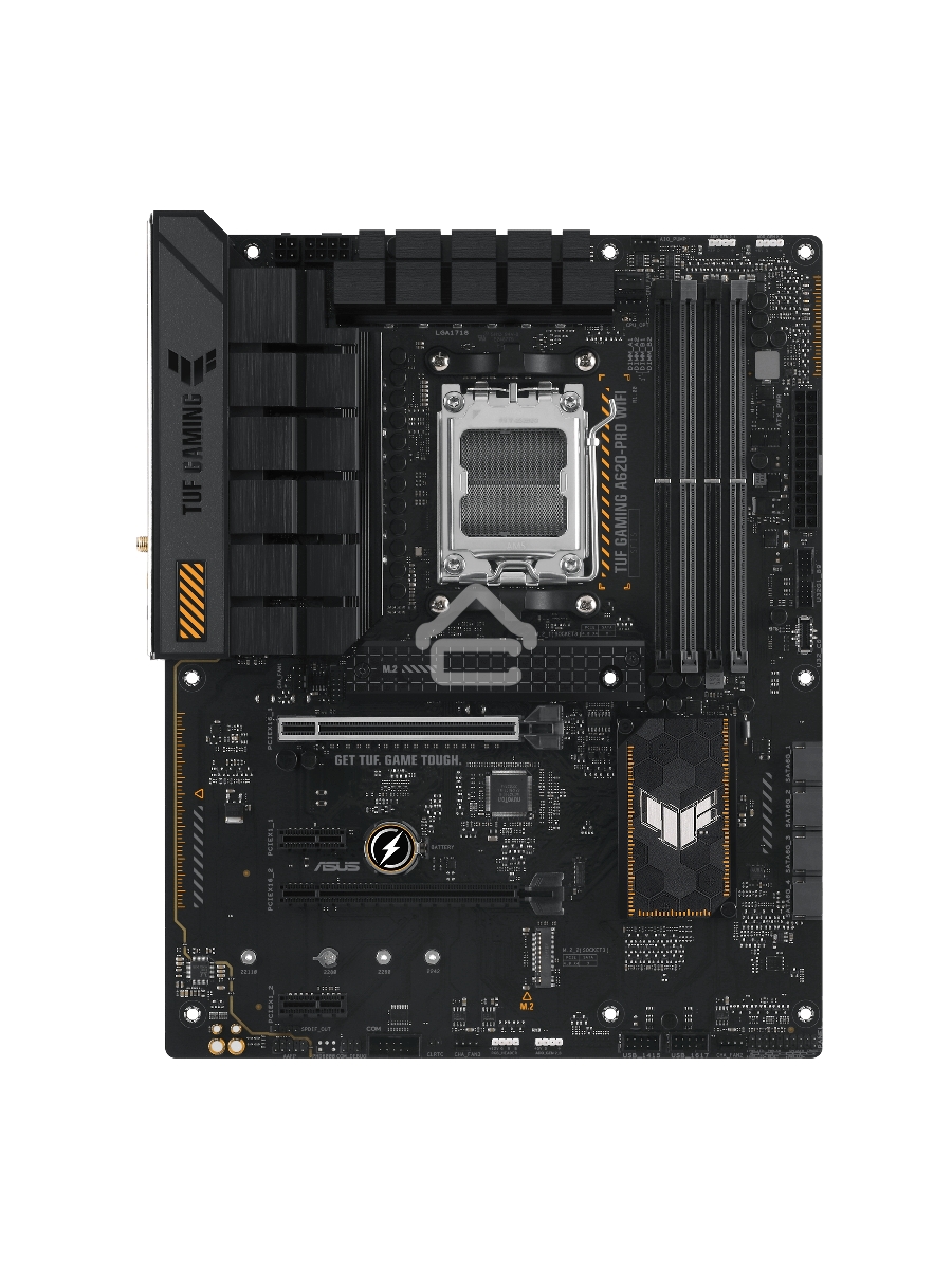 Материнская плата ASUS TUF GAMING A620-PRO WIFI, AM5, AMD A620, 4xDDR5, 4xSATA, 2xM.2, 1xPCI-E 4.0 x16, 1xPCI-E 3.0 x16, 2xPCI-E x1, 1xHDMI, 1xDP, 1x 2.5Gb LAN, 3xUSB-A 2.0, 2xUSB-A 3.2 Gen 2, 1xUSB-C 3.2 Gen 1, 5x3.5 мм, 7.1, ATX