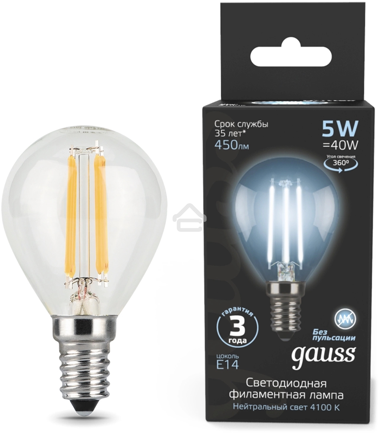 Лампа светодиодная филаментная Gauss Filament 5Вт цок.: E14 свеча 220B св. свеч. бел.нейт. (упак.: 10 шт)