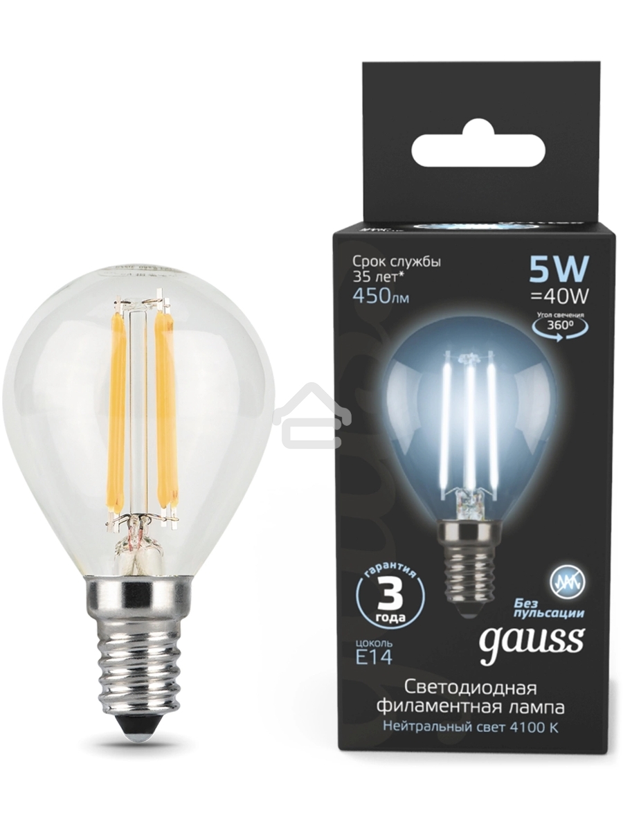 Лампа филам. Gauss Filament 5Вт цок.:E14 свеча 220B св.свеч.бел.нейт. (упак.:10шт) (105801205)