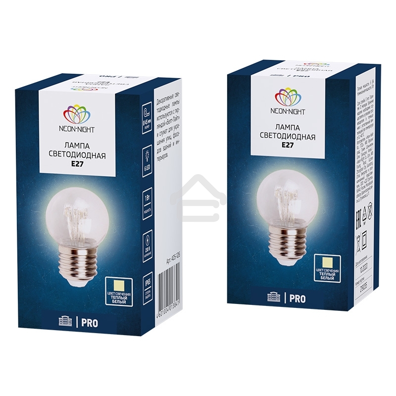 Лампа шар Neon-night e27 6 LED Ø45мм - теплый белый, прозрачная колба, эффект лампы накаливания