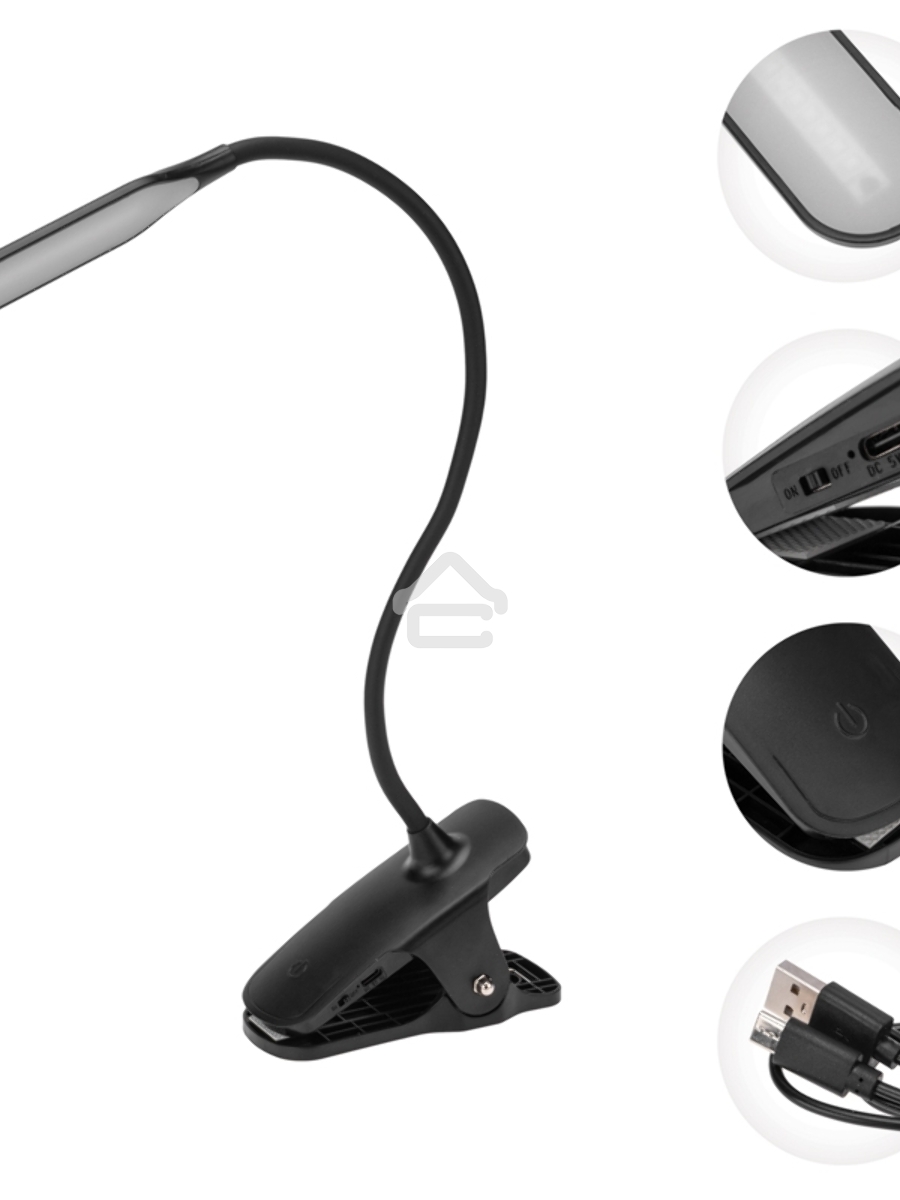 Светильник настольный Click 4Вт, LED, 4000К, диммируемый 3 ступени, заряжаемый, на прищепке, черный Rexant