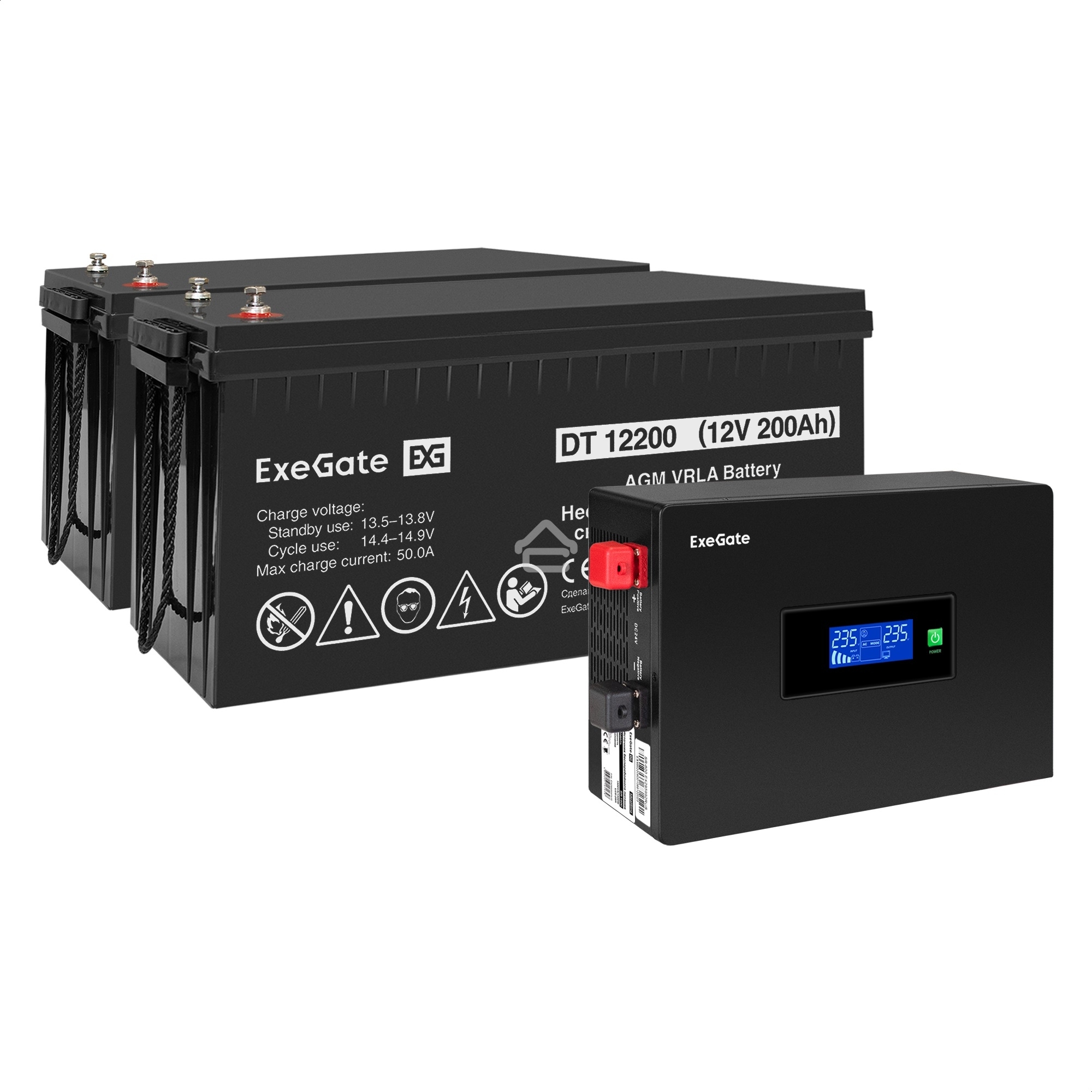 Комплект источника бесперебойного питания Exegate EX295994RUS + батарея 200Aч EX282991RUS 2шт (инвертор, синус, для котла, PF=1, настенный) ExeGate IdealSine SR-1500.LCD.2SH  1500VA/1500W, чистая синусоида, цветной LCD-дисплей, 2*Schuko, крепление настенн