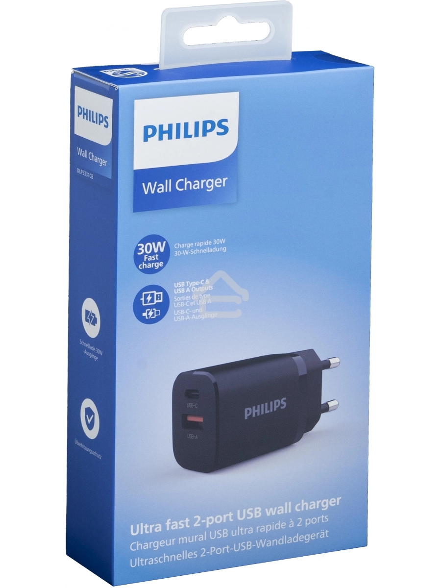 Сетевое зарядное устройство Philips DLP5331 30W 1.5A (PD) USB/USB Type-C универсальное черный