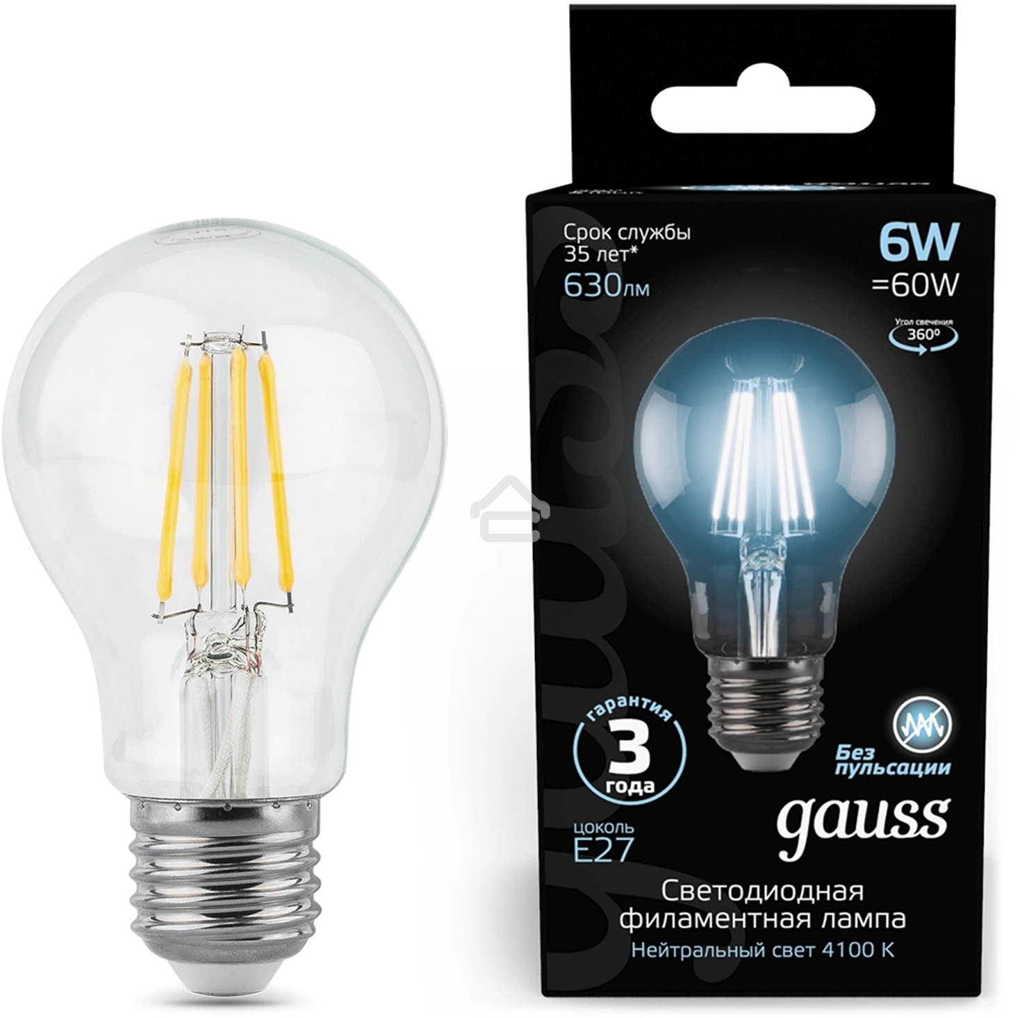 Лампа светодиодная GAUSS 102802206LED Filament А60 Е27 6Вт 4100к 1/10/40