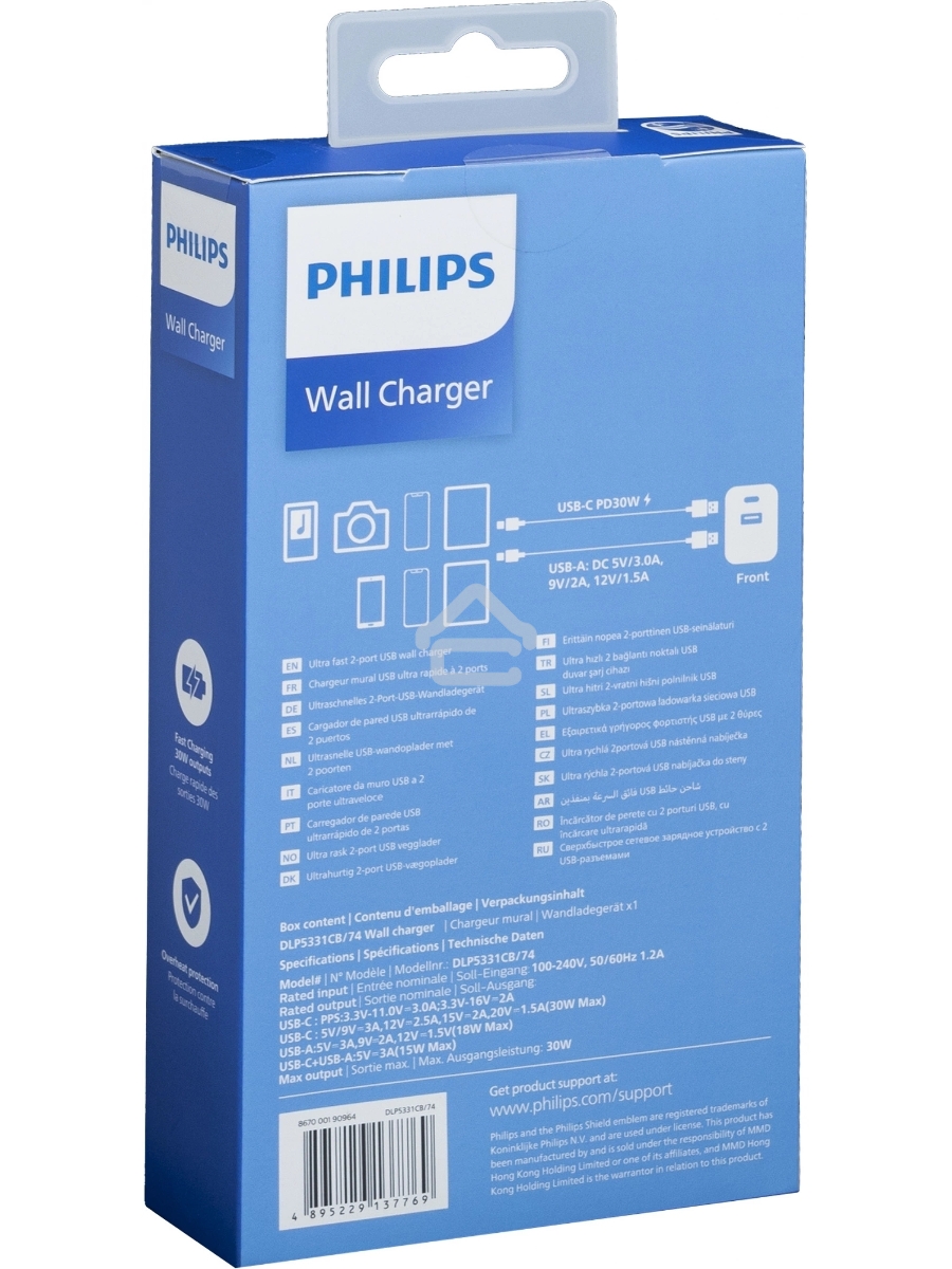 Сетевое зарядное устройство Philips DLP5331 30W 1.5A (PD) USB/USB Type-C универсальное черный