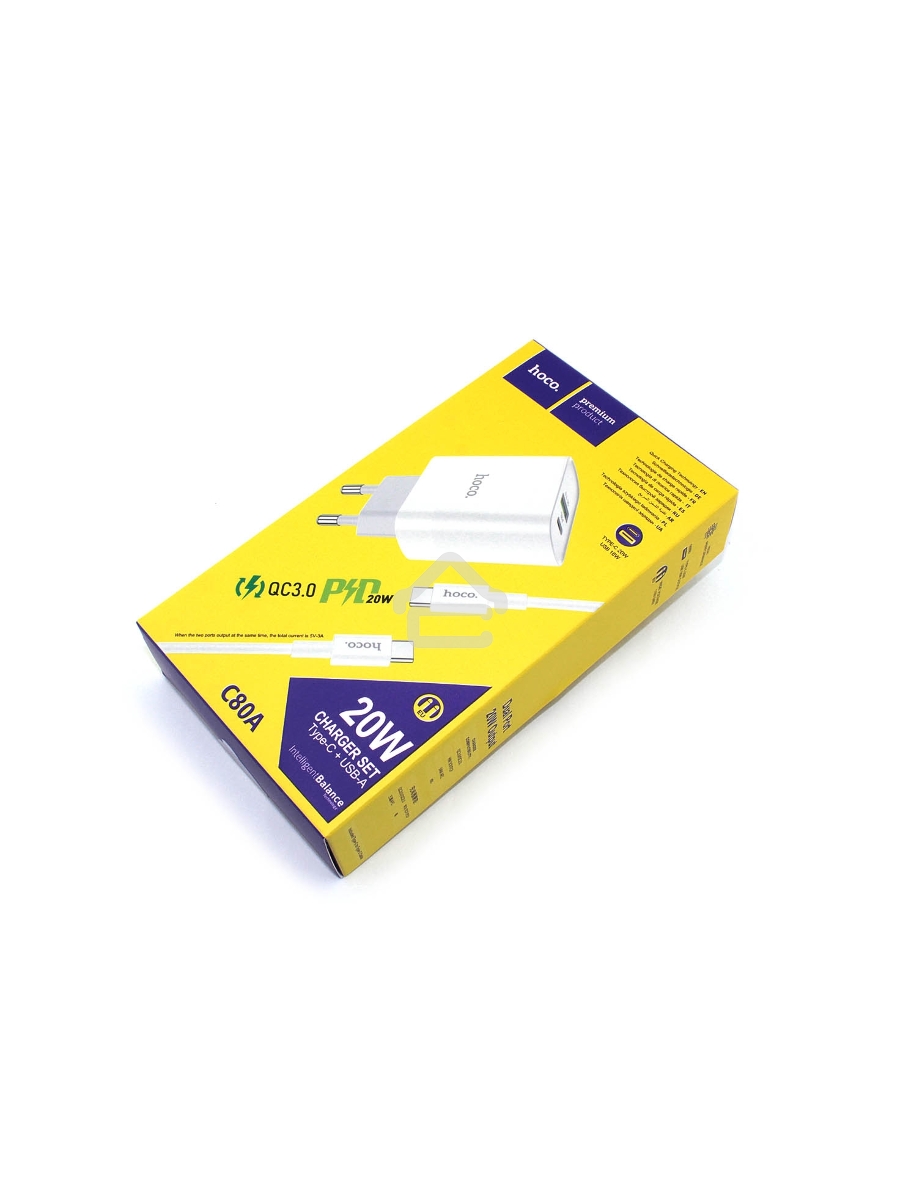 Блок питания (сетевой адаптер) HOCO C80A Rapido PD+QC3.0, 20W  два порта (1*USB-A, 1*Type-C), белый