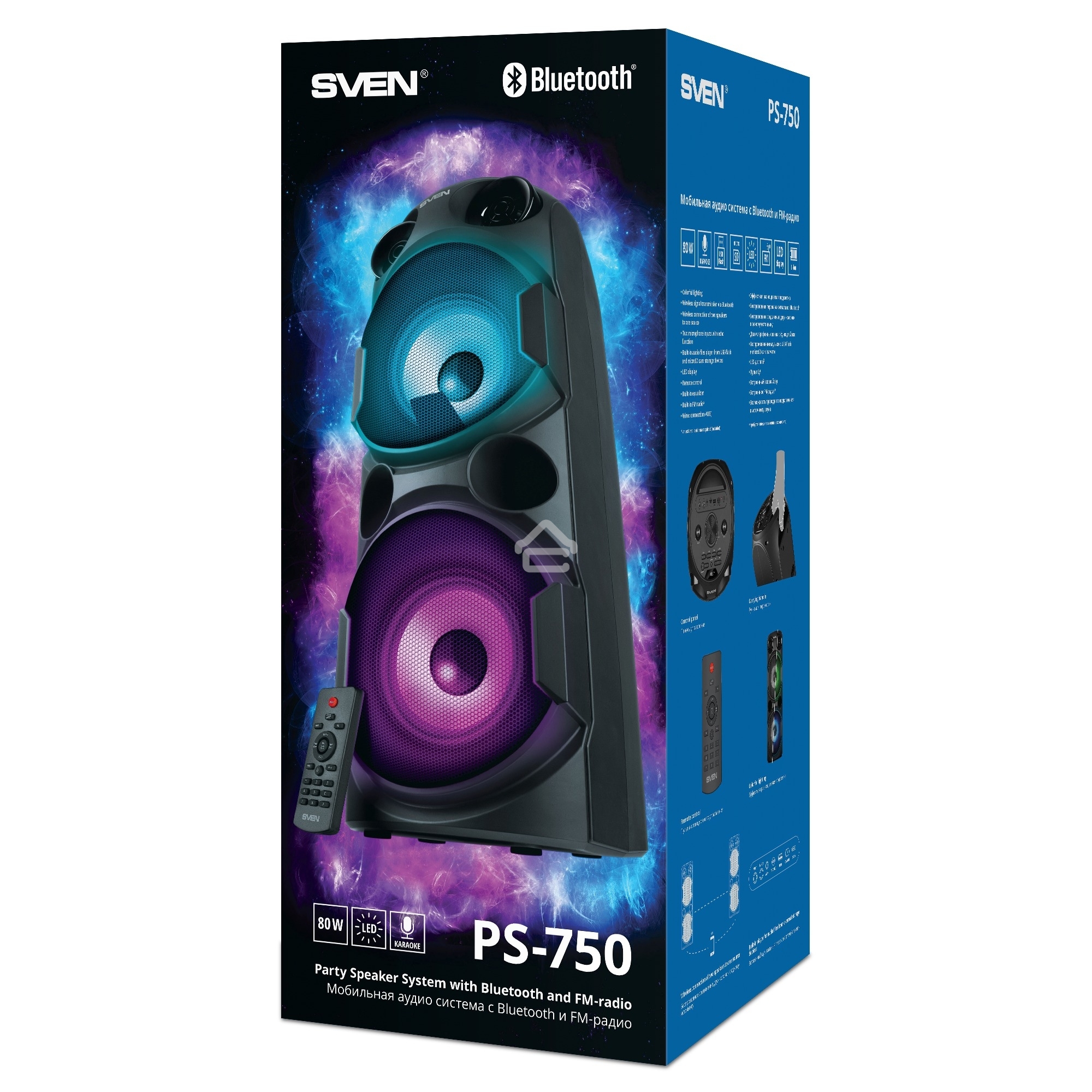 Колонка АС Sven PS-750, черный (80 Вт, TWS, Bluetooth, FM, USB, microSD, LED-дисплей, 2х4400мА*ч)