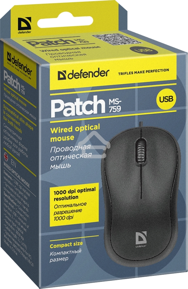 Мышь проводная Defender Patch MS-759 черный, 1000 dpi, USB, кнопки - 3