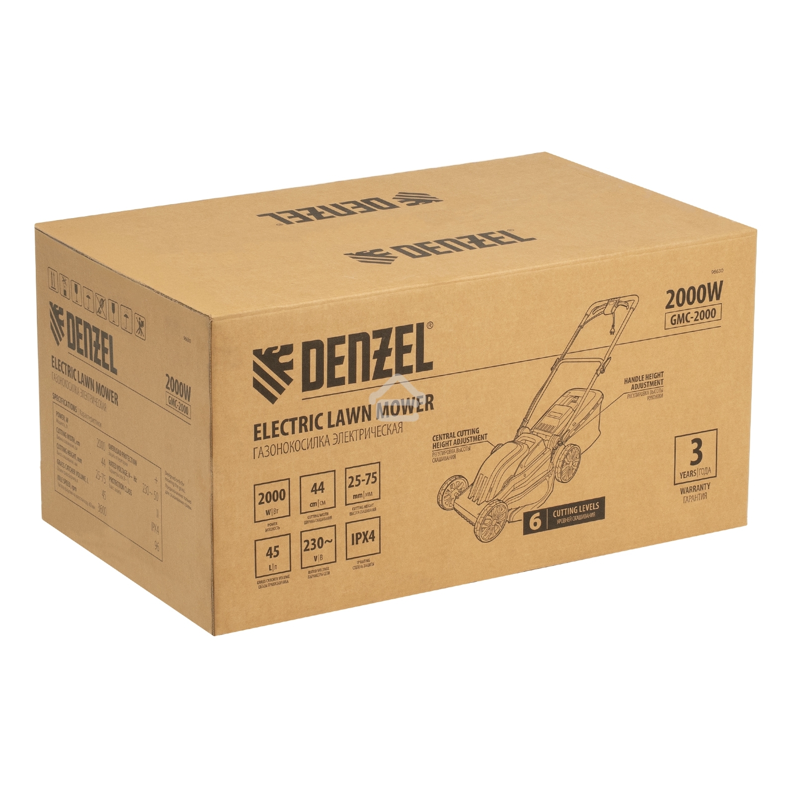 Газонокосилка электрическая Denzel GMC-2000, шир. 44см, 2000 Вт, 6 уров., травосб. 45 л