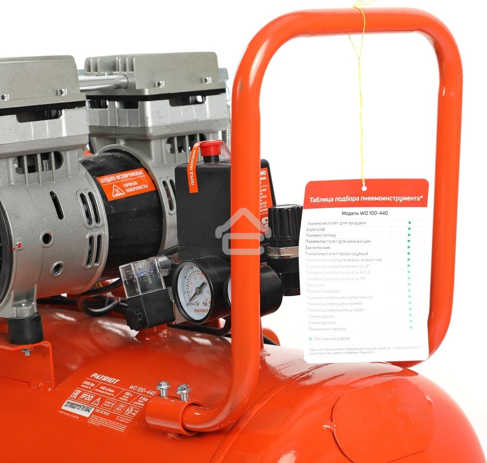 Компрессор Patriot поршневой безмасляный WO 100-440, 440 л/мин, 8 бар, 2500 Вт, 100 л, быстросъем и 