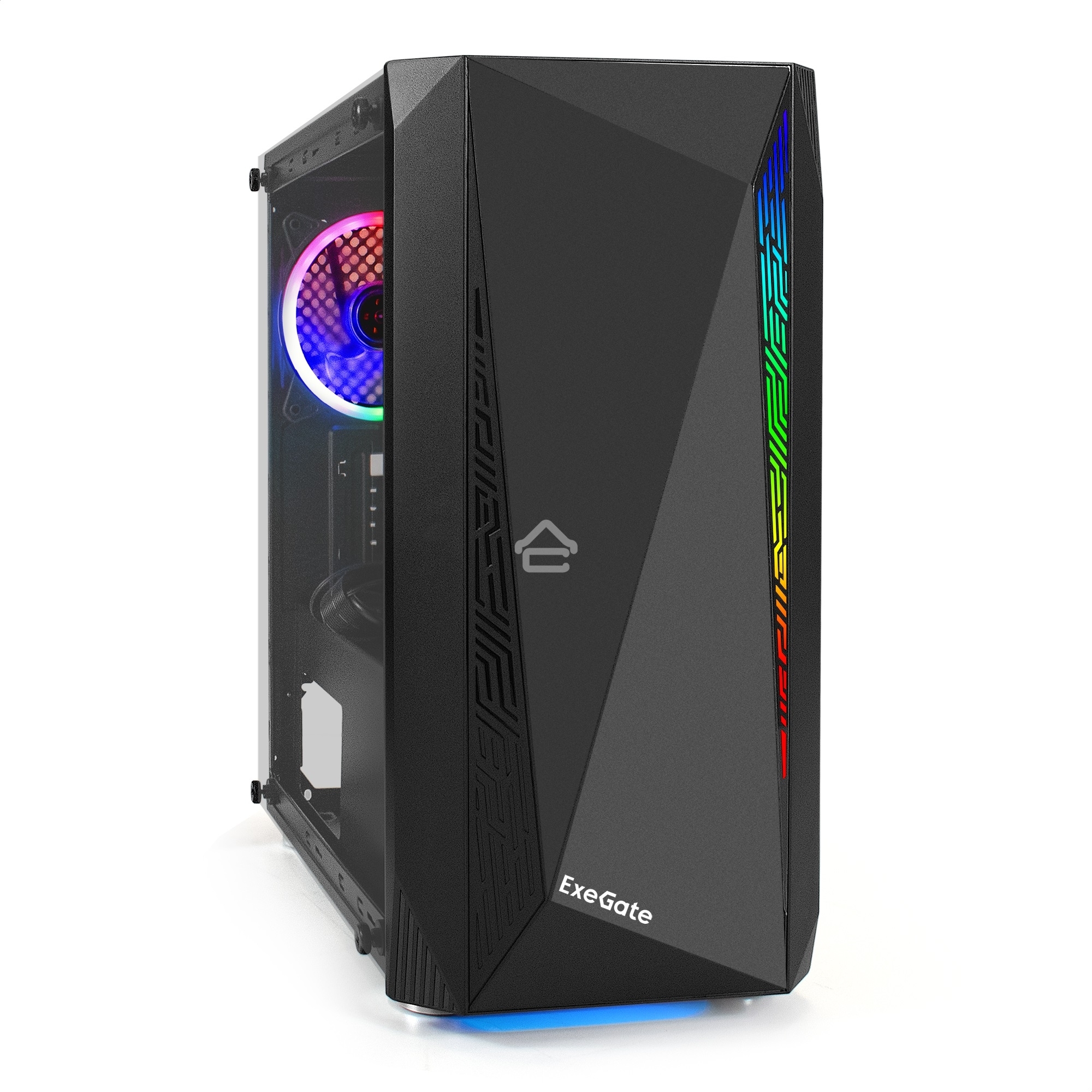 Компьютерный корпус Minitower ExeGate Mistery R2-NPX600 (mATX, БП 600NPX с вент. 12 см, 2*USB+1*USB 3.0, аудио, черный, 1 вент. 12см с RGb подсветкой и полоса на передней панели, боковая панель - закаленное стекло)