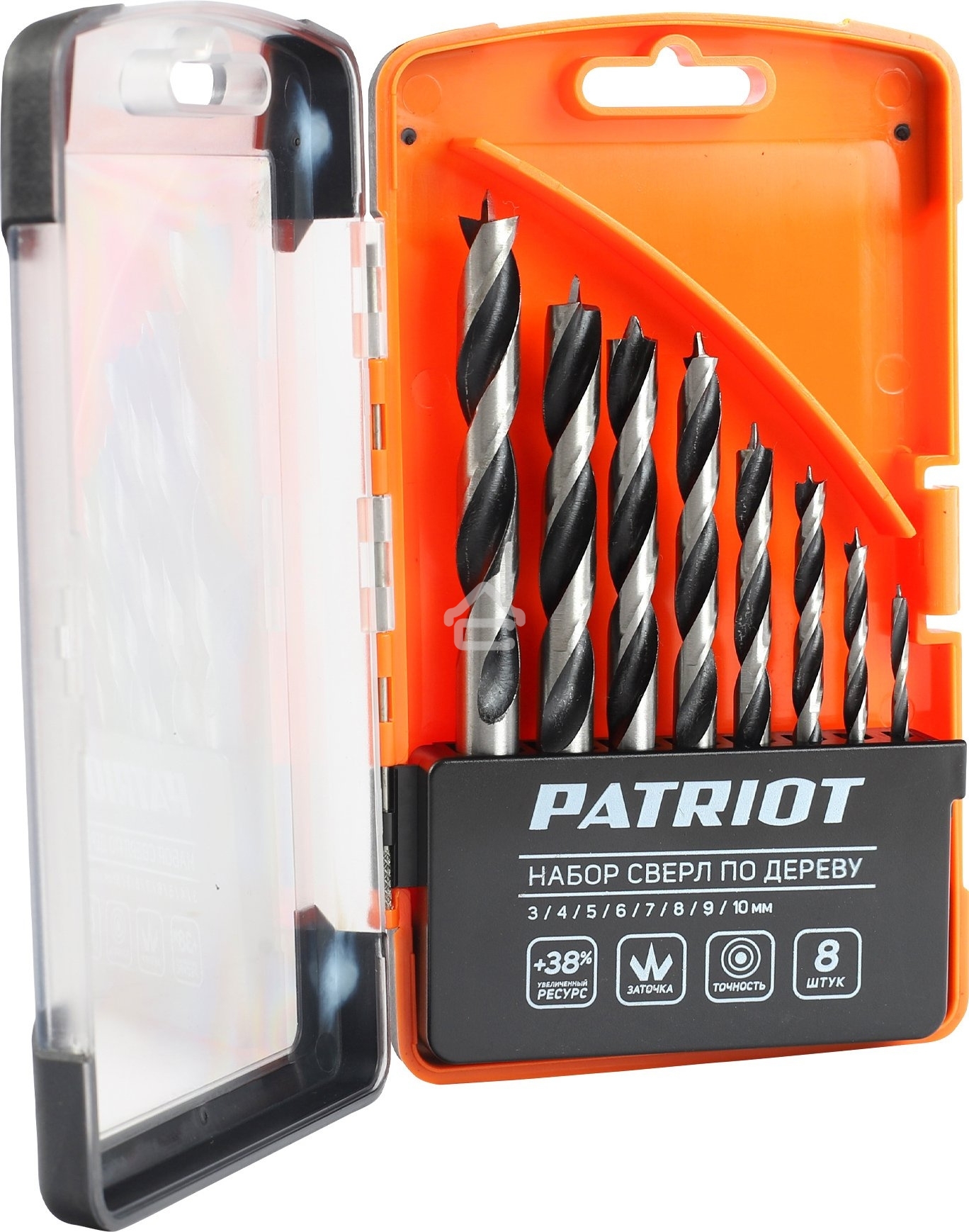 Набор сверл по дереву PATRIOT спиральные, W-образная заточка, 8 шт: 3, 4, 5, 6, 7, 8, 9, 10 мм, в пластиковом боксе