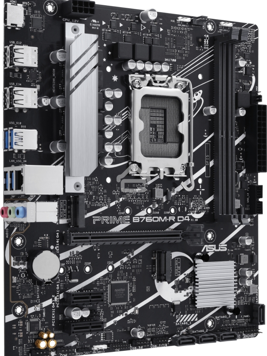 Материнская плата ASUS PRIME B760M-R D4, LGA 1700, Intel B760, 2xDDR4, 4xSATA, 2xM.2, 1xPCIe 4.0 x16, 1xPCIe x1, 1xHDMI, 1x 2.5Gb LAN, 4xUSB-A 2.0, 4xUSB-A 3.2 Gen 1, 3x3.5 мм, 7.1, mATX