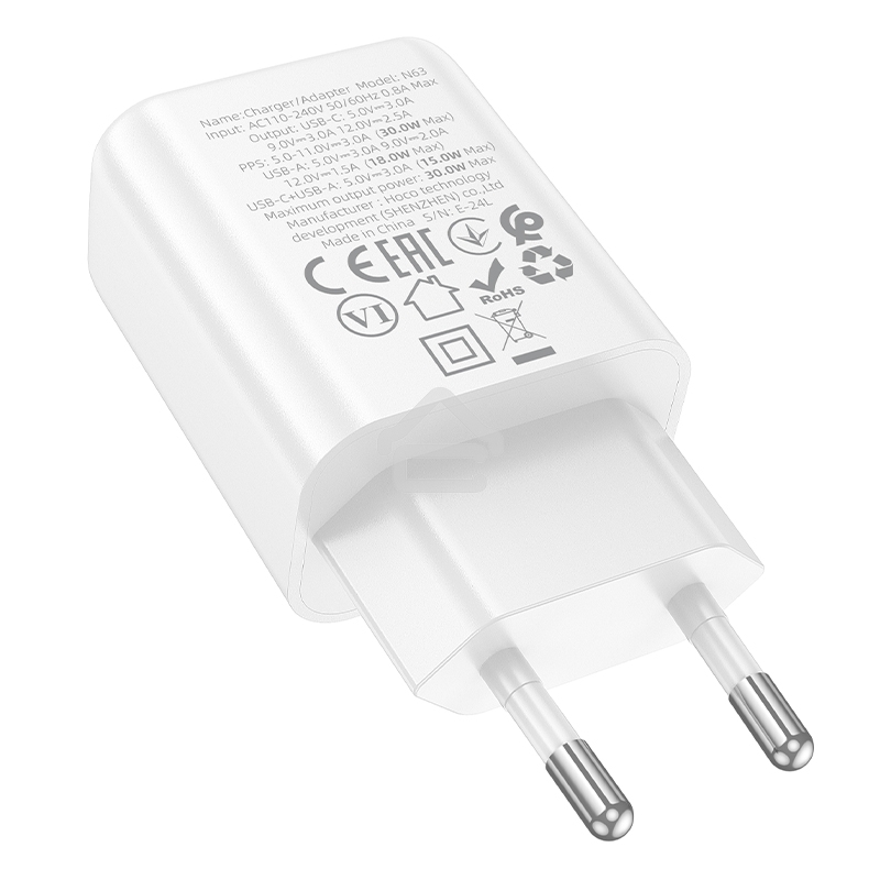 Зарядное устройство Hoco 30Вт, 3А, QC3.0/PD, 1xUSB, 1xType-C, N63, белый, коробка