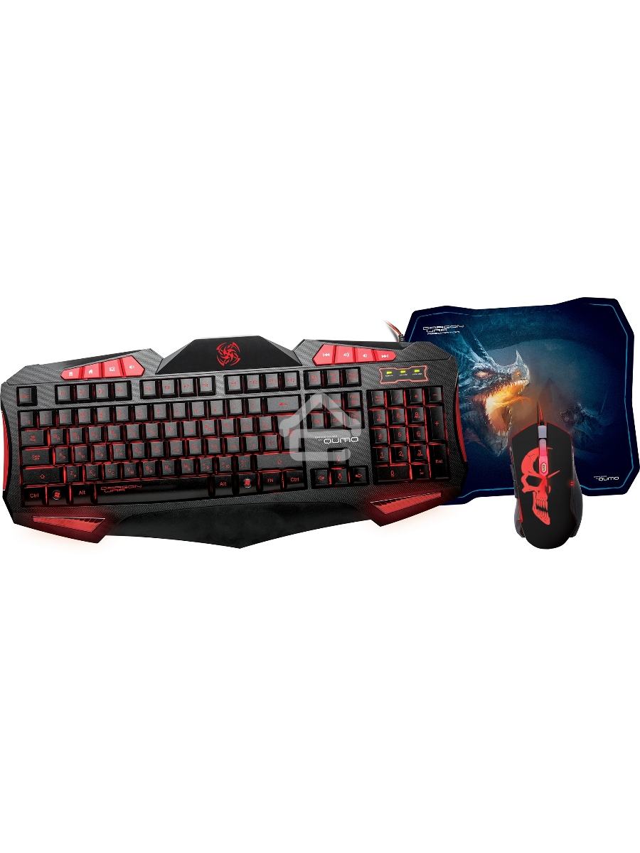 Игровой набор Qumo Axe Strike, проводная, 104+8 клавиш, встроенные подсветки общая + кнопок 7 цветов, мышь проводная, оптическая, коврик