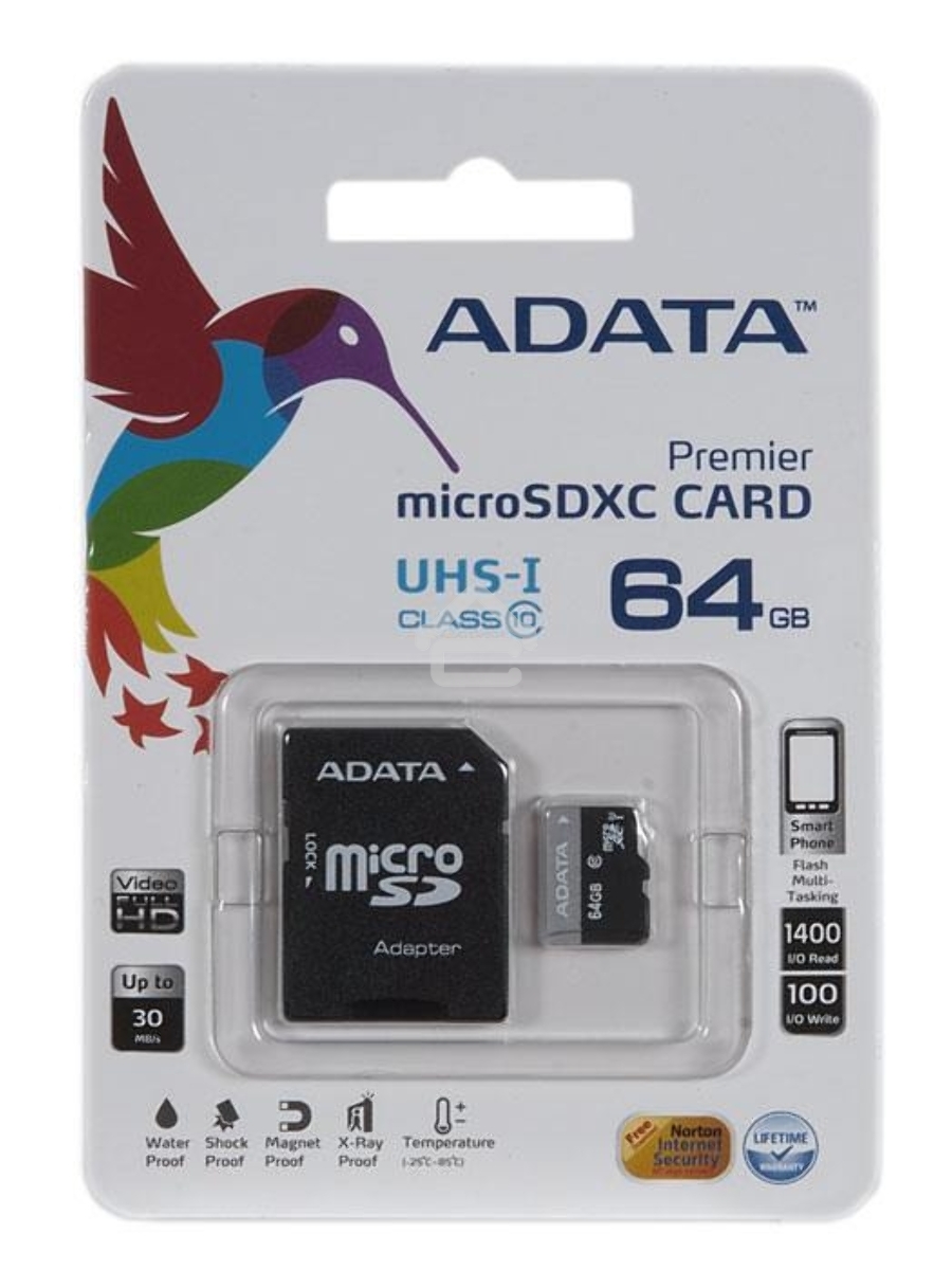 Флеш карта microSDXC 64GB ADATAUHS-1 CL10 (AUSDX64GUICL10-RA1) + SD adaptor