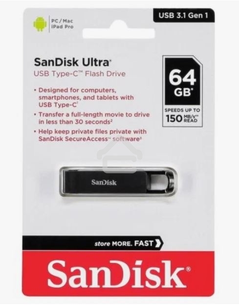 Флешка USB SanDisk CZ460 Ultra (SDCZ460-064G-G46), 64Gb, USB Type-C, R/W 150/30, черный