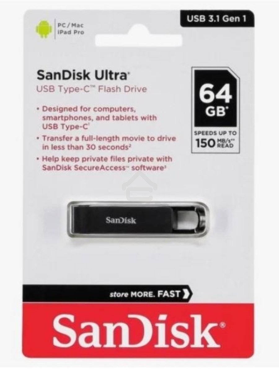 Флеш диск 64GB SanDisk CZ460 Ultra Type-C, USB Type-C, черный