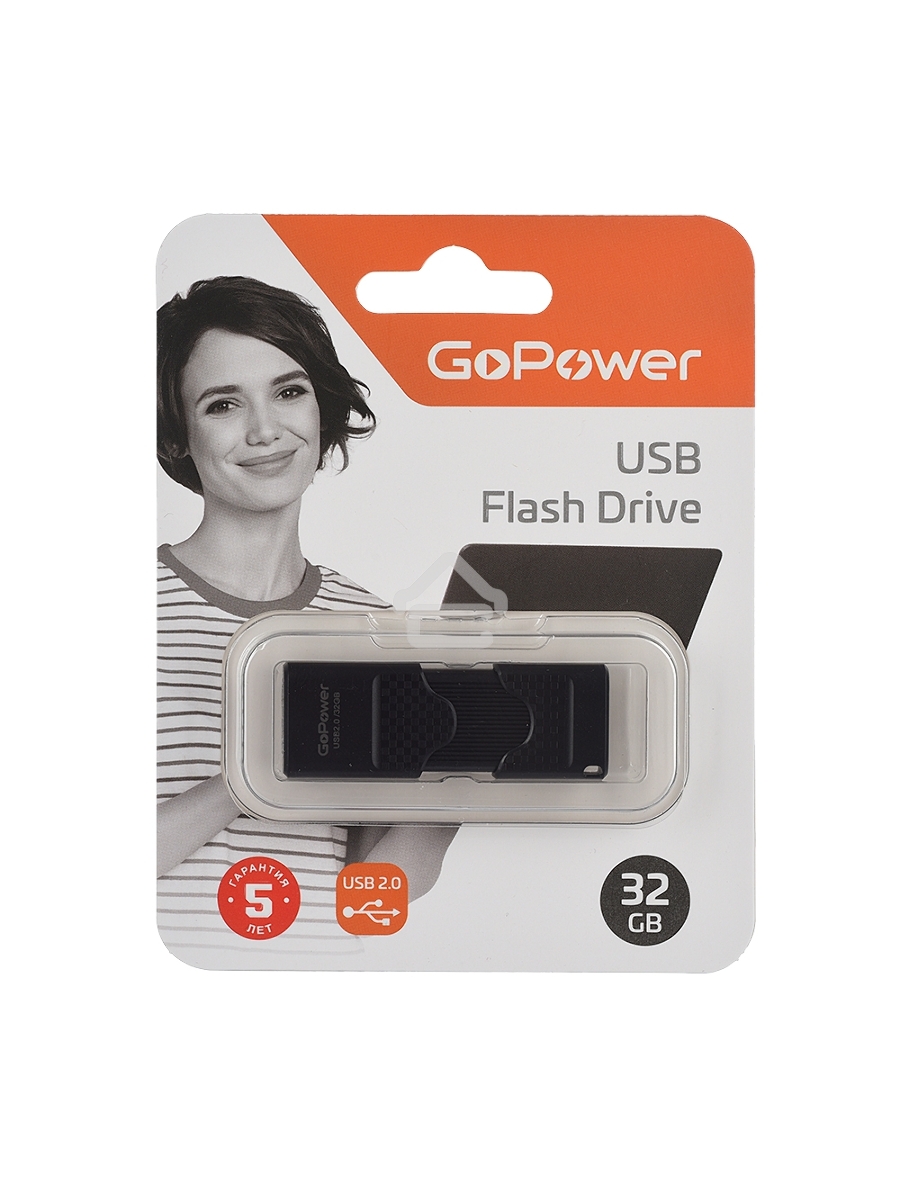 Флеш диск GoPower SLIDER 32GB USB2.0 пластик черный матовый (1/50/1000)
