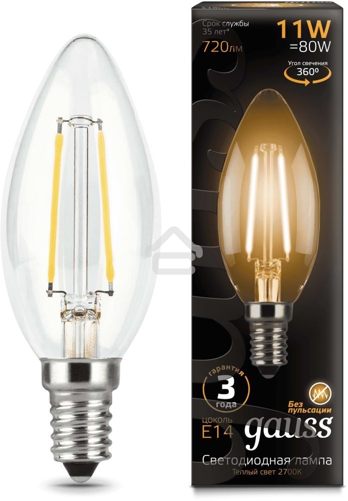 Лампа светодиодная Gauss LED Filament Свеча E14 11W 720lm 2700К 1/10/50