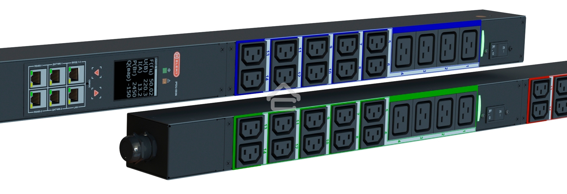 Блок распределения питания Elemy IPDU-5936 верт.размещ. 12xC19 30xC13 с мониторингом 3x16A IEC 60309 2.4м