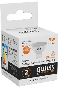 Лампа светодиодная Gauss Elementary MR16 9Вт цок.:GU5.3 спот 220B 2700K св.свеч.бел.теп. MR16 (упак.:10шт) (13519)
