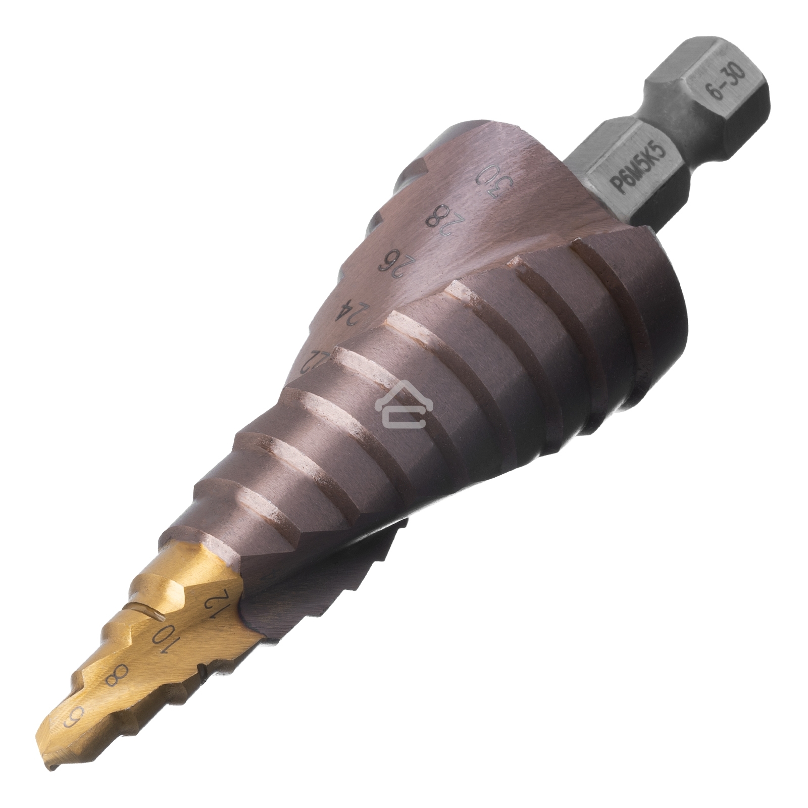 Сверло ступенчатое Denzel 6-8-10-12-14-16-18-20-22-24-26-28-30 мм, Р6М5К5, 6-гр. хвостовик 723614