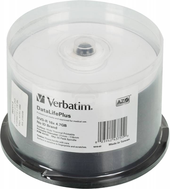 Диск DVD-R Verbatim 4.7Gb 16x Cake Box (50шт) Printable (43755)