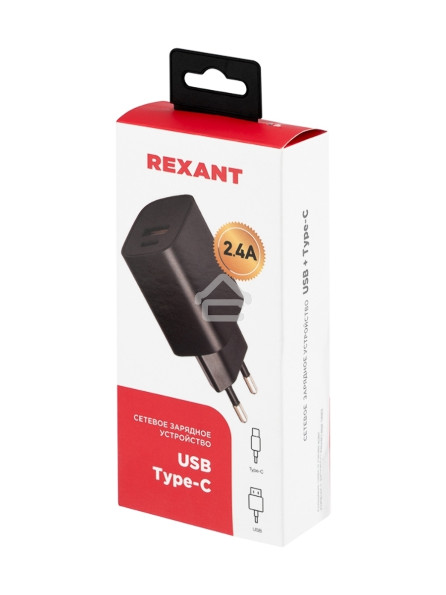 Сетевое зарядное устройство Rexant USB + Type-C, 5V, 2.4 A, черный