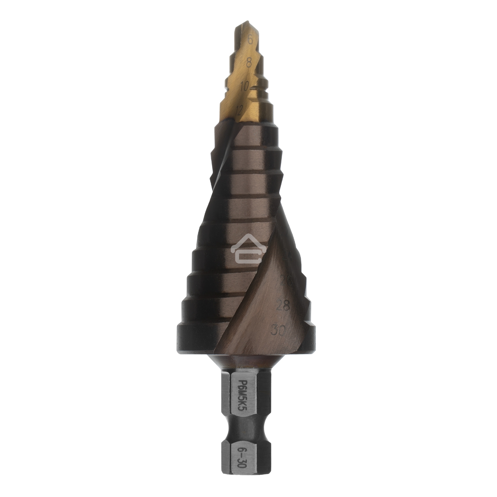Сверло ступенчатое Denzel 6-8-10-12-14-16-18-20-22-24-26-28-30 мм, Р6М5К5, 6-гр. хвостовик 723614