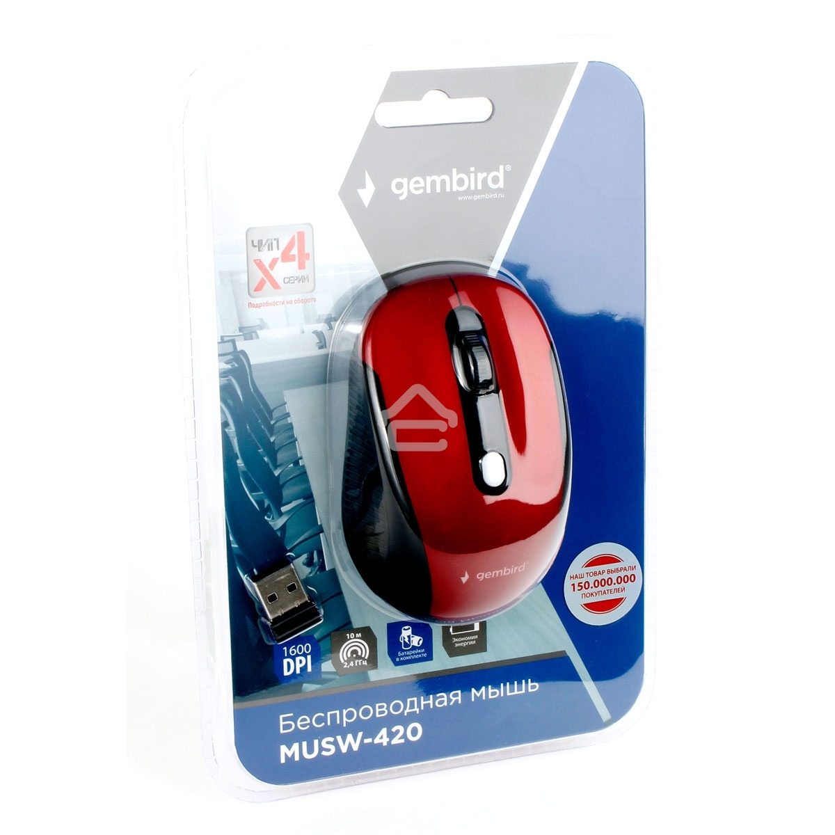 Мышь беспроводная Gembird MUSW-420-1 красный, 1600 dpi, радиоканал, USB, кнопки - 4