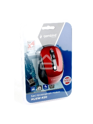 Мышь беспроводная Gembird MUSW-420-1 красный, 1600 dpi, радиоканал, USB, кнопки - 4