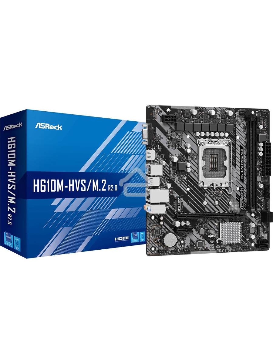 Материнская плата ASRock H610M-HVS/M.2 R2.0, LGA 1700, Intel H610, 2xDDR4, 4xSATA, 1xM.2, 1xPCIe 4.0 x16, 1xPCIe x1, 1xHDMI, 1xVGA, 1x 1Gb LAN, 4xUSB-A 2.0, 2xUSB-A 3.2 Gen 1, 3x3.5 мм, 7.1, mATX
