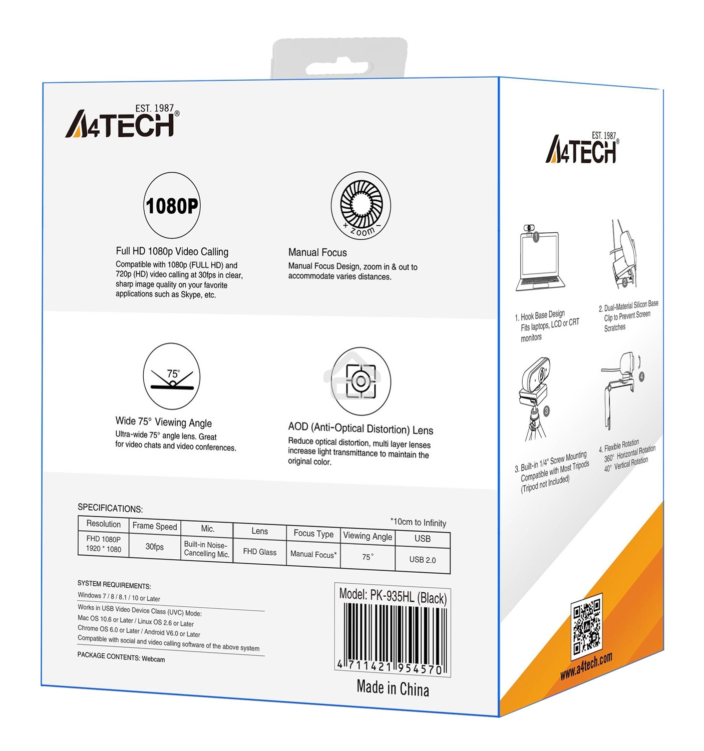 Веб-камера A4Tech PK-935HL черный 2Mpix (1920x1080) USB2.0 с микрофоном
