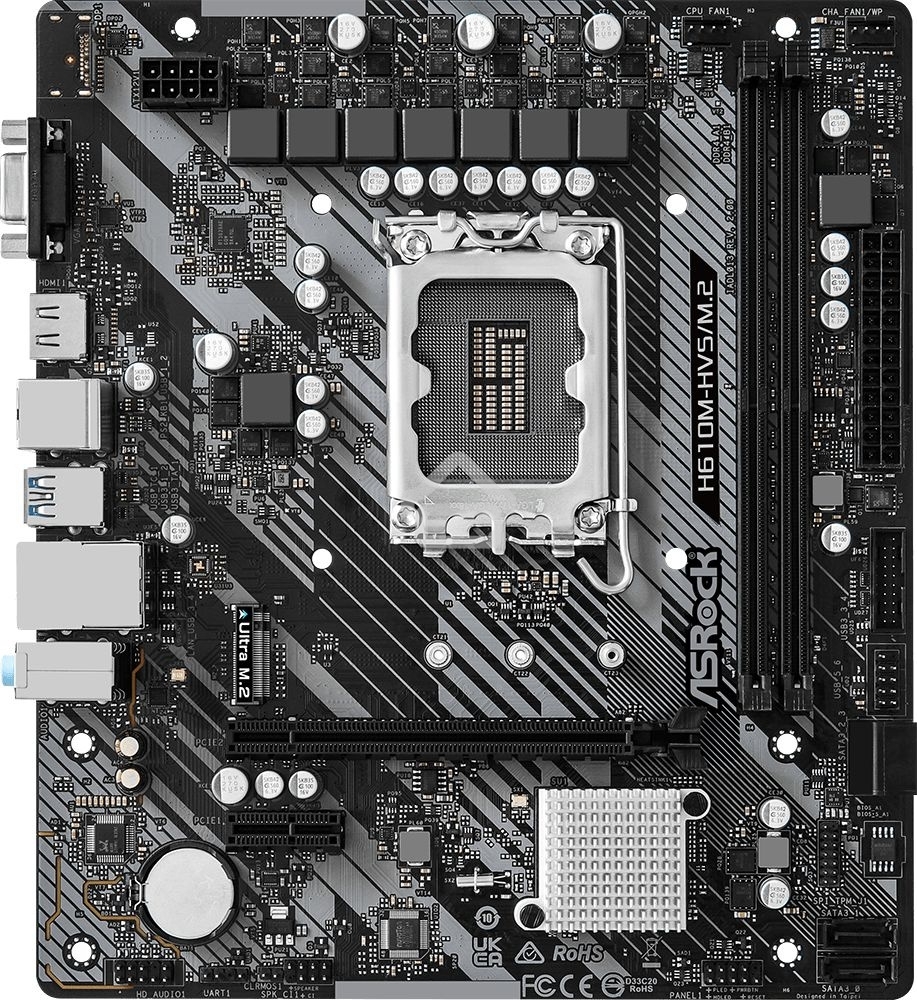 Материнская плата ASRock H610M-HVS/M.2 R2.0, LGA 1700, Intel H610, 2xDDR4, 4xSATA, 1xM.2, 1xPCIe 4.0 x16, 1xPCIe x1, 1xHDMI, 1xVGA, 1x 1Gb LAN, 4xUSB-A 2.0, 2xUSB-A 3.2 Gen 1, 3x3.5 мм, 7.1, mATX