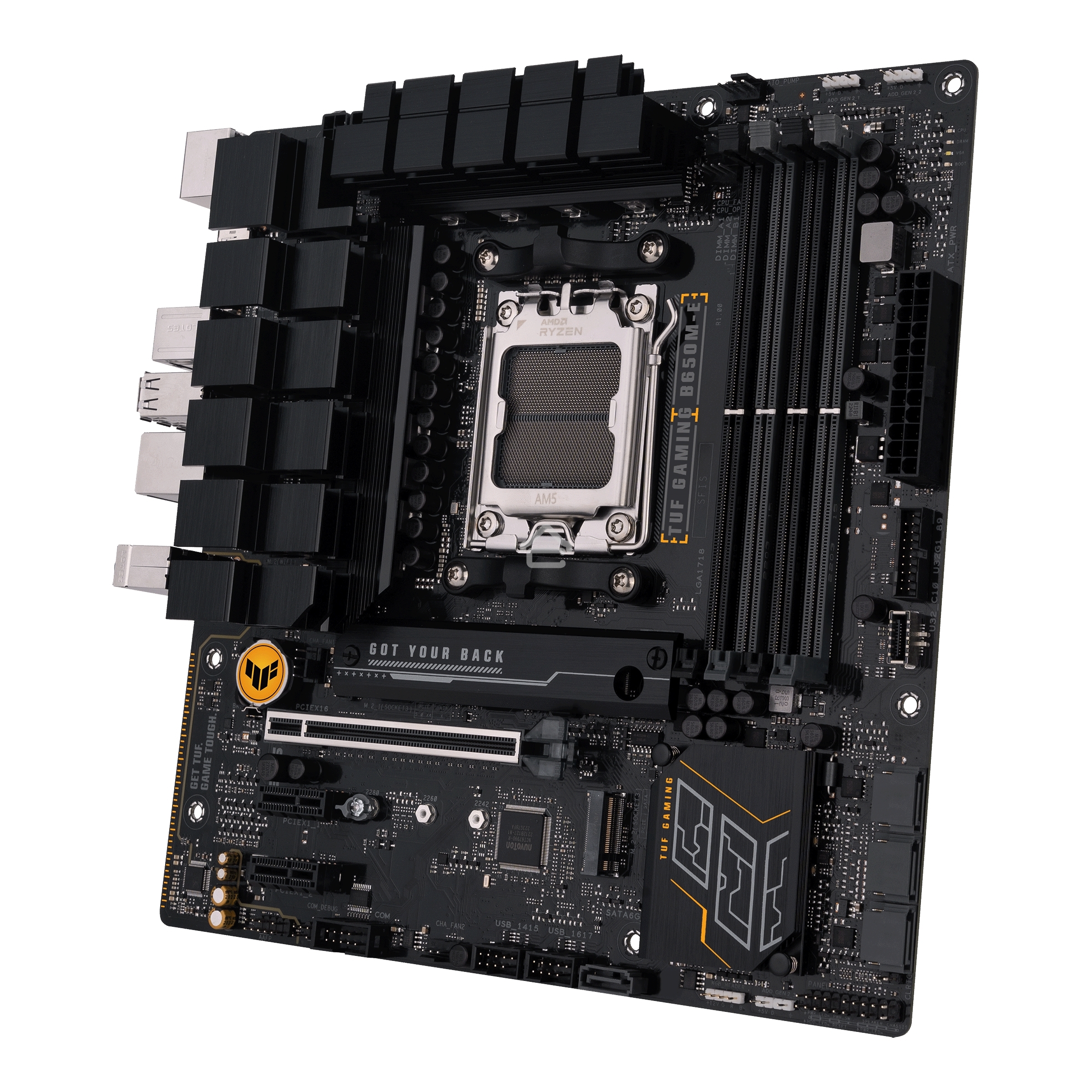 Материнская плата ASUS TUF GAMING B650M-E, AM5, AMD B650, 4xDDR5, 4xSATA, 2xM.2, 1xPCIe 4.0 x16, 2xPCIe x1, 2xDP, 1xHDMI, 1x 2.5Gb LAN, 1xUSB-A 3.2 Gen 2, 2xUSB-A 3.2 Gen 1, 4xUSB 2.0, 1xUSB-C 3.2 Gen 2, 3x3.5 мм, 7.1, mATX