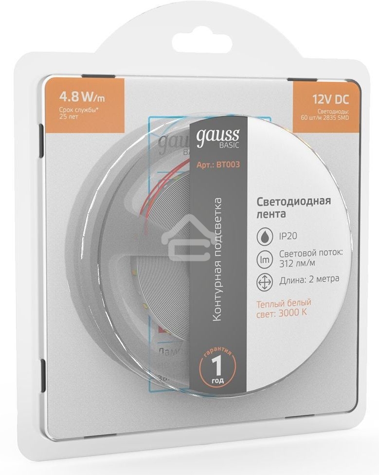 Лента светодиодная Basic Gauss 12V 4,8W/m 312lm/m 3000K IP20 LED 2m 1/120