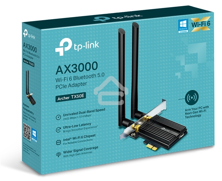 Адаптер 11AX 3000Mbps dual-band PCI-E adapter, 2402Mbps at 5G and 574Mbps at 2.4G, support Bluetooth 5.0, WPA2 encryption, two external Antennas.