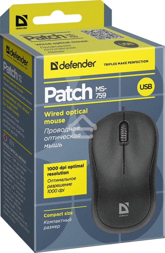 Мышь проводная Defender Patch MS-759 черный, 1000 dpi, USB, кнопки - 3