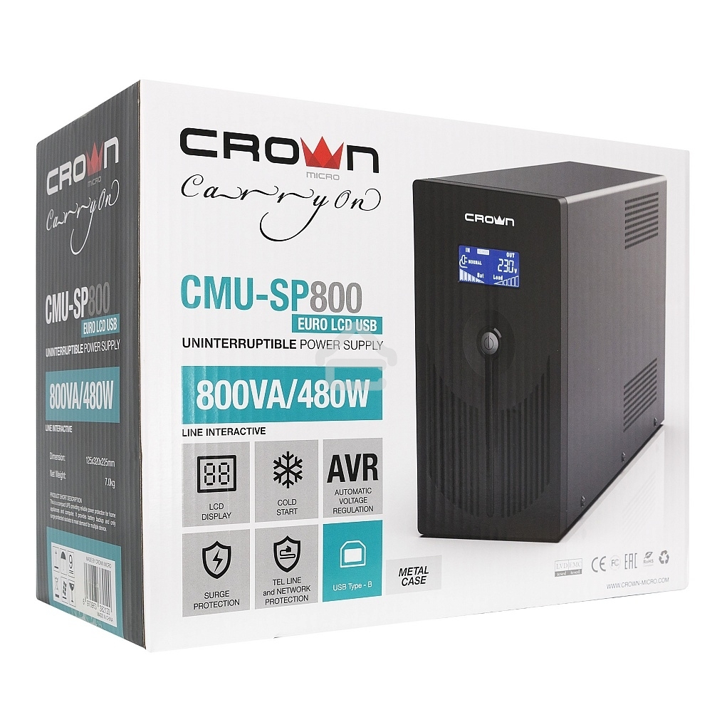 Источник бесперебойного питания CROWN Line Intractive CMU-800EURO LCD USB 800VA\480W, корпус металл, 1x12V/9AH, розетки 4*EURO+1*IEC bypass, трансформатор AVR 145-280V, LCD-дисплей, съёмный кабель 1.2 м, порт RJ11/45, порт USB, защита: от перегрузки, от К