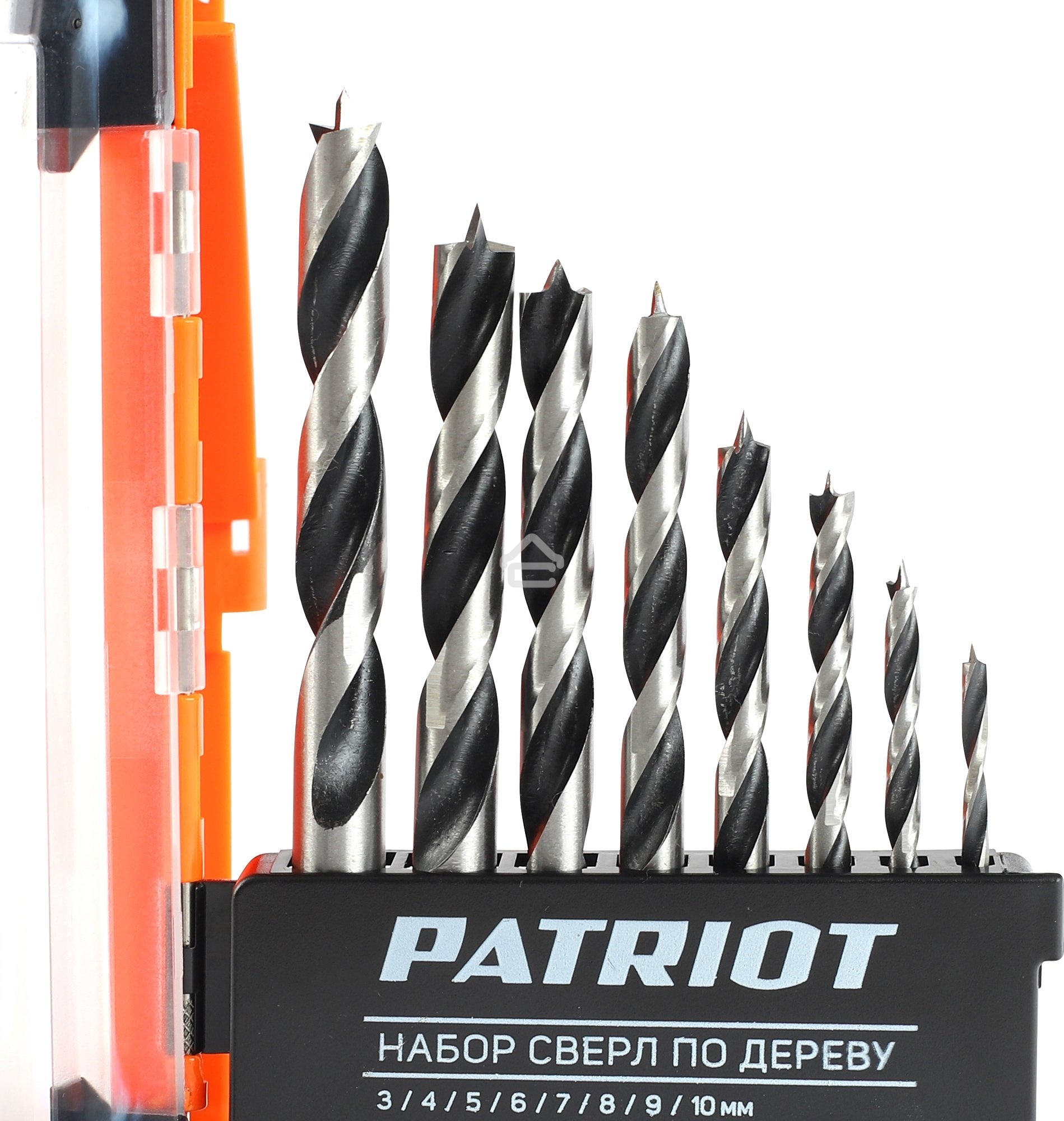 Набор сверл по дереву PATRIOT спиральные, W-образная заточка, 8 шт: 3, 4, 5, 6, 7, 8, 9, 10 мм, в пластиковом боксе