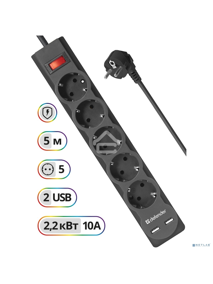 Сетевой фильтр Defender 5M DFS 755 5OUTL.