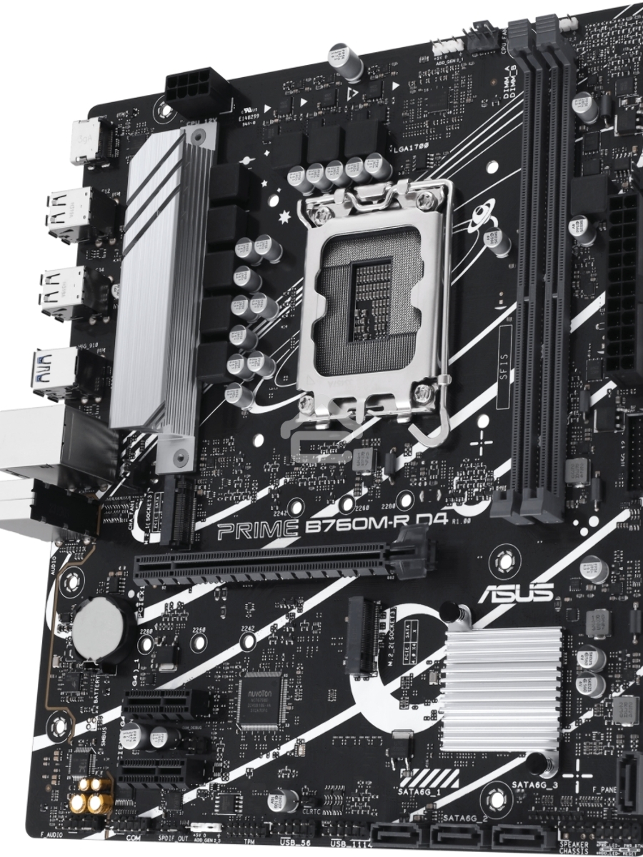 Материнская плата ASUS PRIME B760M-R D4, LGA 1700, Intel B760, 2xDDR4, 4xSATA, 2xM.2, 1xPCIe 4.0 x16, 1xPCIe x1, 1xHDMI, 1x 2.5Gb LAN, 4xUSB-A 2.0, 4xUSB-A 3.2 Gen 1, 3x3.5 мм, 7.1, mATX