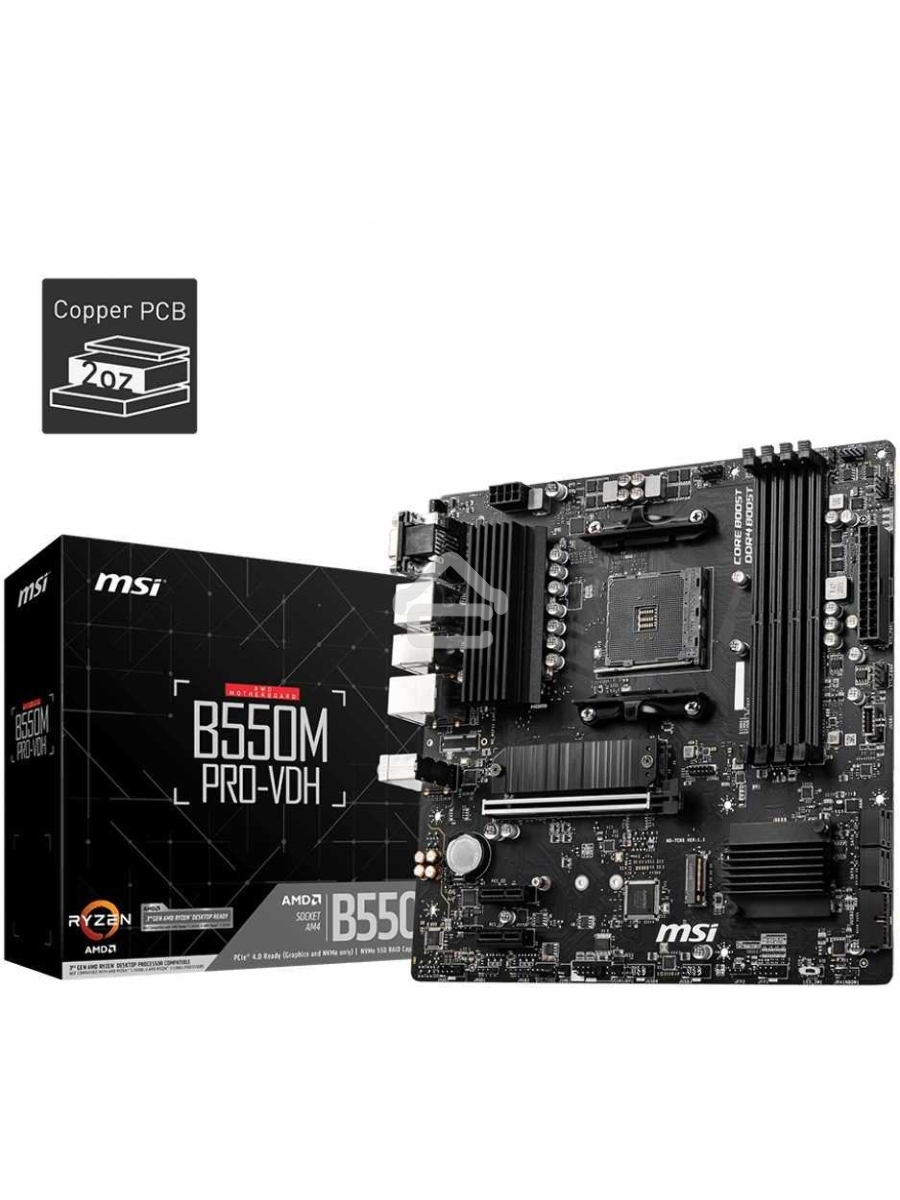 Материнская плата MSI B550M PRO-VDH, AM4, AMD B550, 4xDDR4, 4xSATA, 2xM.2, 1xPCI-E 4.0 x16, 2xPCI-E x1, 1xDP, 1xHDMI, 1xVGA, 1x 1Gb LAN, 2xUSB 2.0, 4xUSB 3.2 Gen 1, 3x3.5 мм, 7.1, Micro-ATX