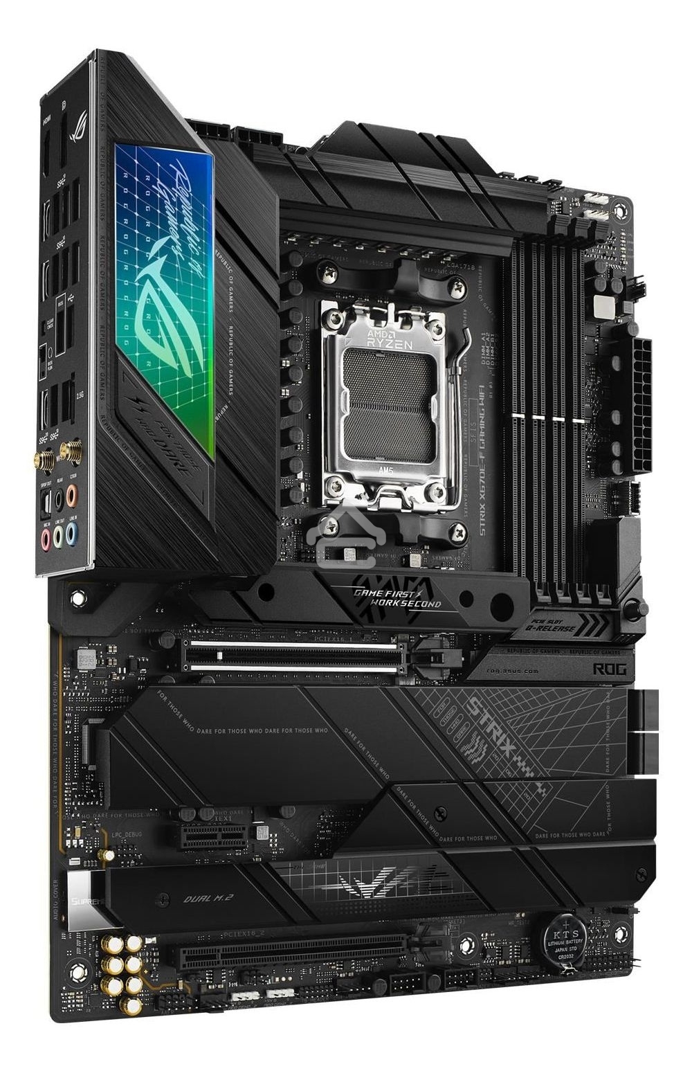 Материнская плата ASUS ROG STRIX X670E-F GAMING WIFI, AM5, AMD X670, 4xDDR5, 4xSATA, 4xM.2, 1xPCIe 5.0 x16, 1xPCIe 4.0 x4, 1xHDMI, 1xDP, 1x 2.5Gb LAN, 2xUSB-C 3.2 Gen 2, 2xUSB-C 3.2 Gen 2x2, 2xUSB-A 2.0, 7xUSB-A 3.2 Gen 2, 5x3.5 мм, 7.1, ATX