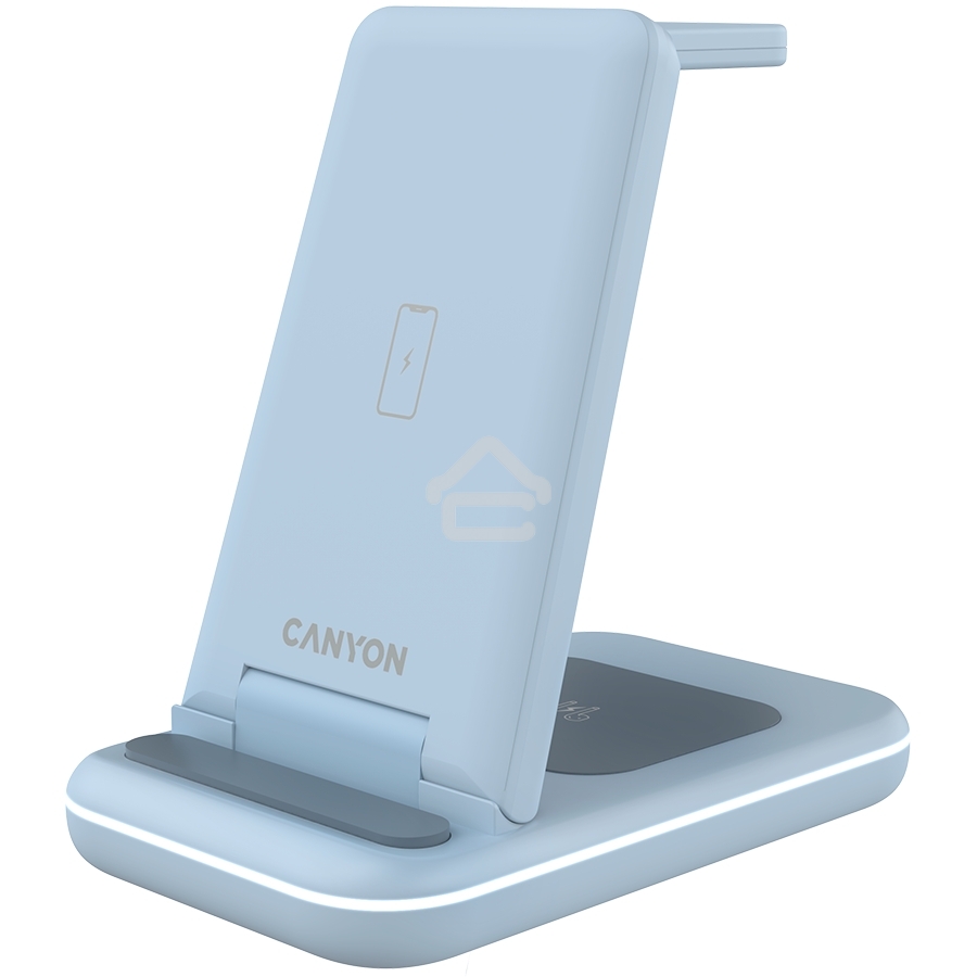 Беспроводное зарядное устройство CANYON WS-304, Foldable  3in1 Wireless charger, with touch button for Running water light, Input 9V/2A,  12V/1.5AOutput 15W/10W/7.5W/5W, Type c to USB-A cable length 1.2m, with QC18W EU plug,132.51х75х28.58мм, 0.168Kg,Blue